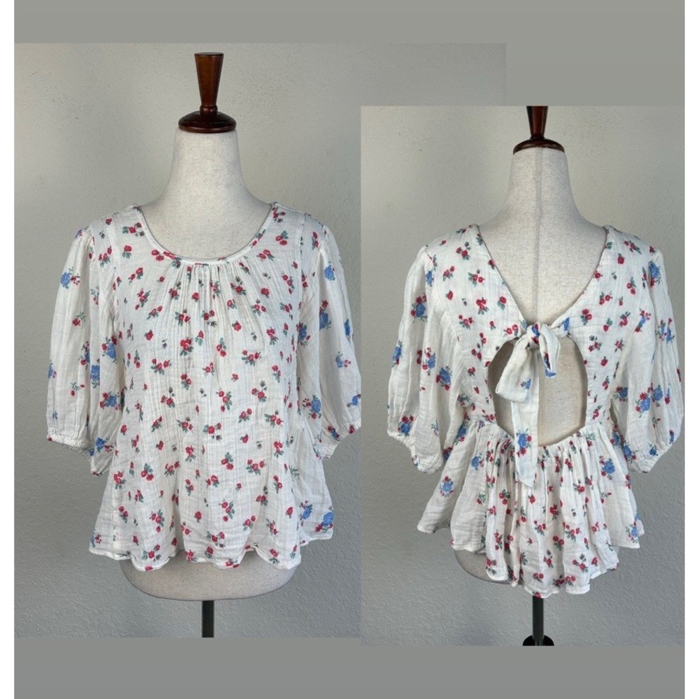 Free People S Chloe Printed Top Blouse Gauze Tea Combo Floral Cottagecore Puff